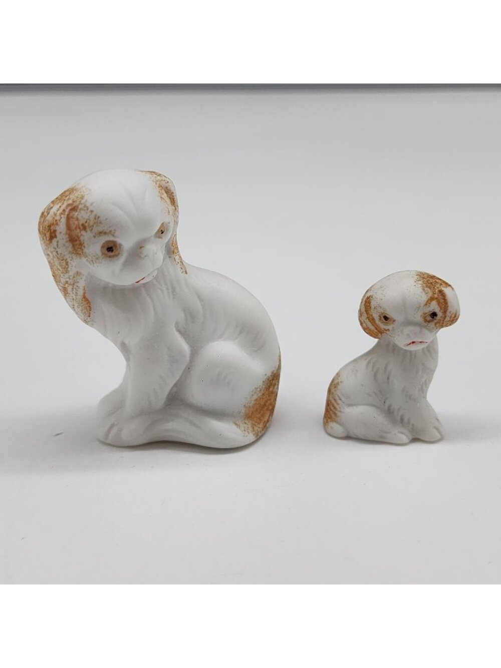 Mini Ceramic King Charles Dog Figurines Set Of 2 White & Brown Vintage